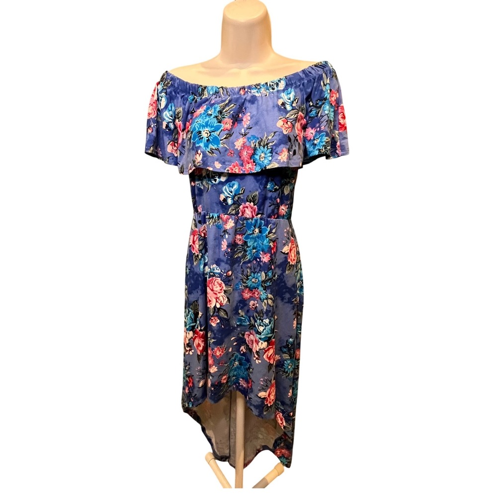 Hot Kiss Women Blue Floral Off Shoulder High Low Ruffle Dress ORM3235 Size L